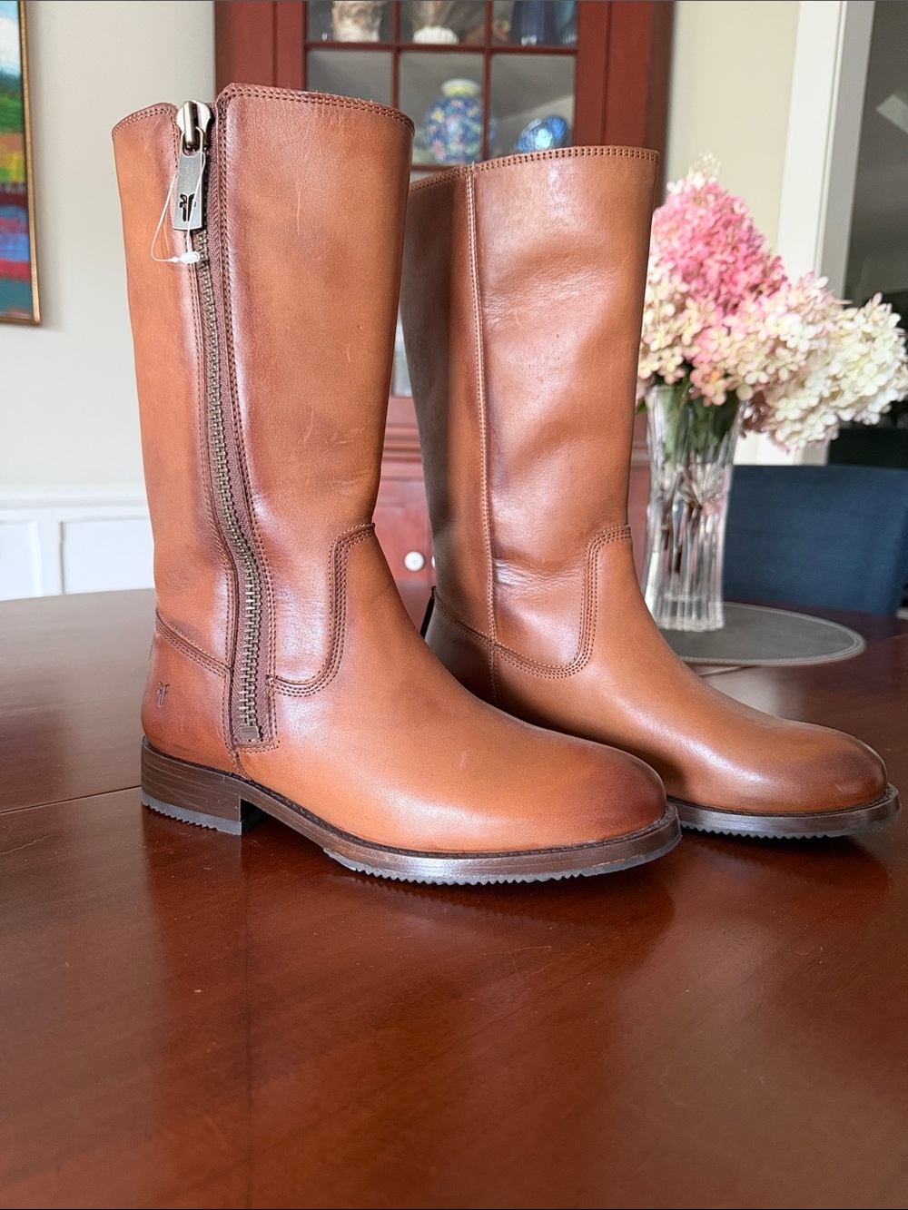 Frye Tan Leather Mid-Calf Lace Up Zip Boots